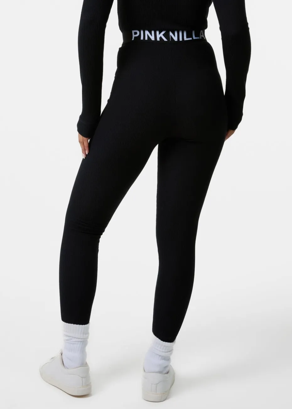 Pink Vanilla Black Ribbed Leggings With Logo Band