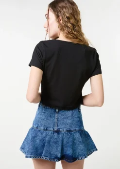 Pink Vanilla Black Ribbed Lace Tie Front Top