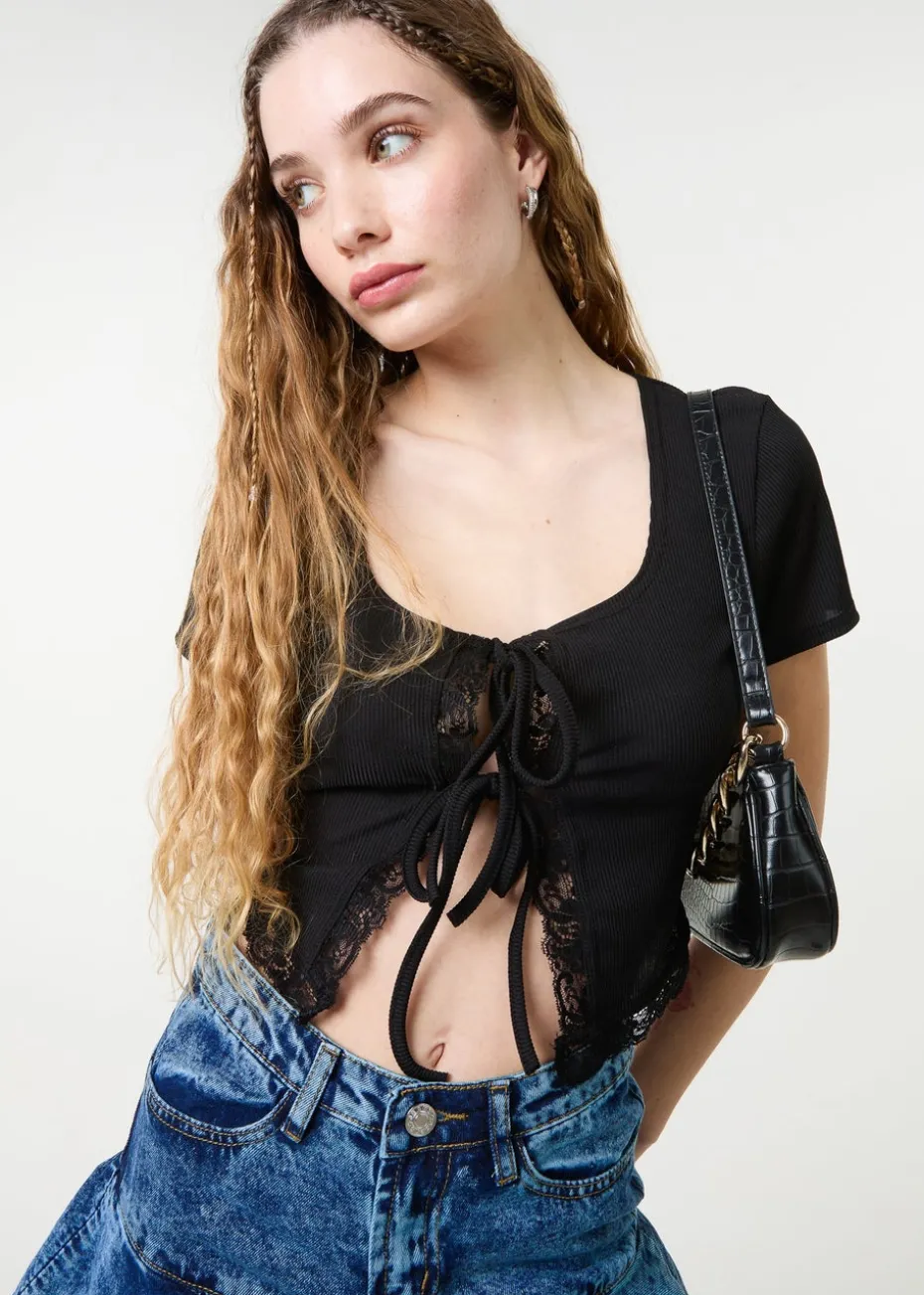 Pink Vanilla Black Ribbed Lace Tie Front Top