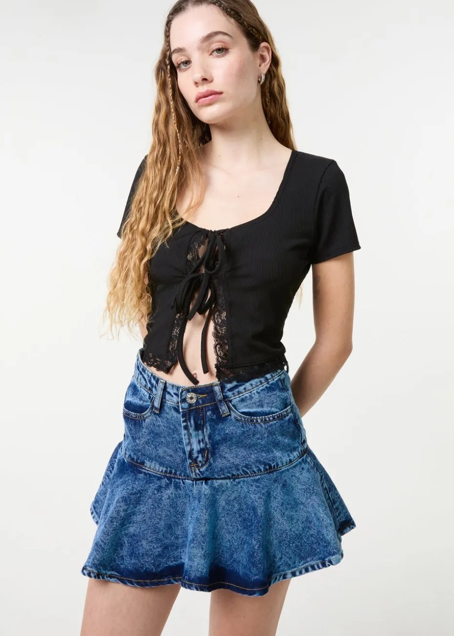 Pink Vanilla Black Ribbed Lace Tie Front Top