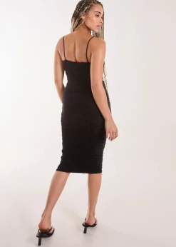 Pink Vanilla Black Ruched Gold Ring Strappy Midi Dress