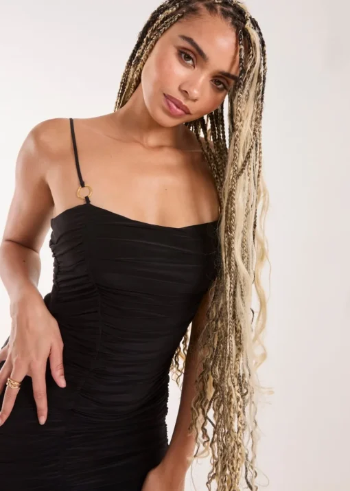 Pink Vanilla Black Ruched Gold Ring Strappy Midi Dress