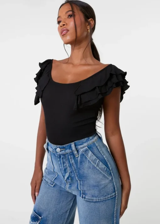 Pink Vanilla Black Ruffle Sleeve Bodysuit