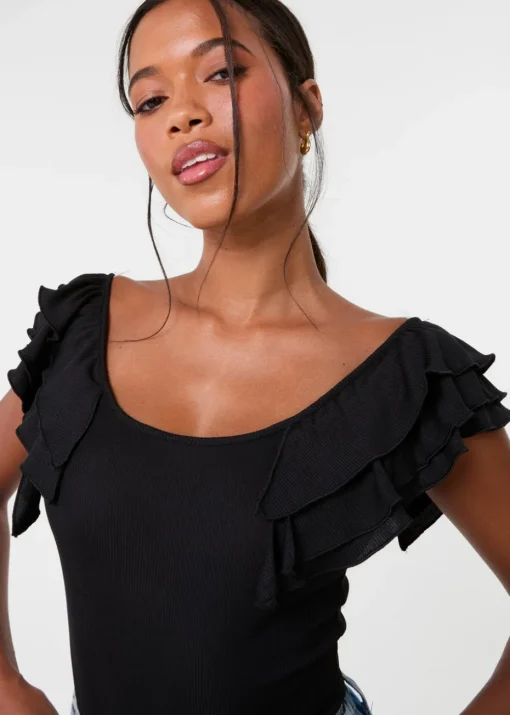 Pink Vanilla Black Ruffle Sleeve Bodysuit