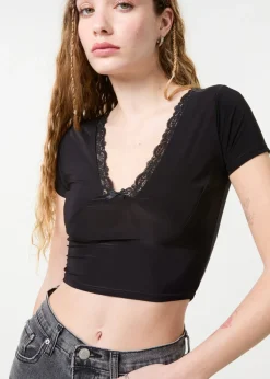 Pink Vanilla Black Slinky V Neck Top With Lace Trim