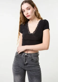 Pink Vanilla Black Slinky V Neck Top With Lace Trim