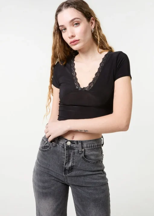Pink Vanilla Black Slinky V Neck Top With Lace Trim
