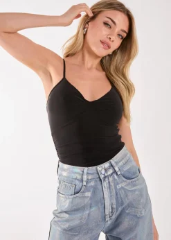 Pink Vanilla Black Slinky Twist Front Bodysuit