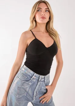 Pink Vanilla Black Slinky Twist Front Bodysuit