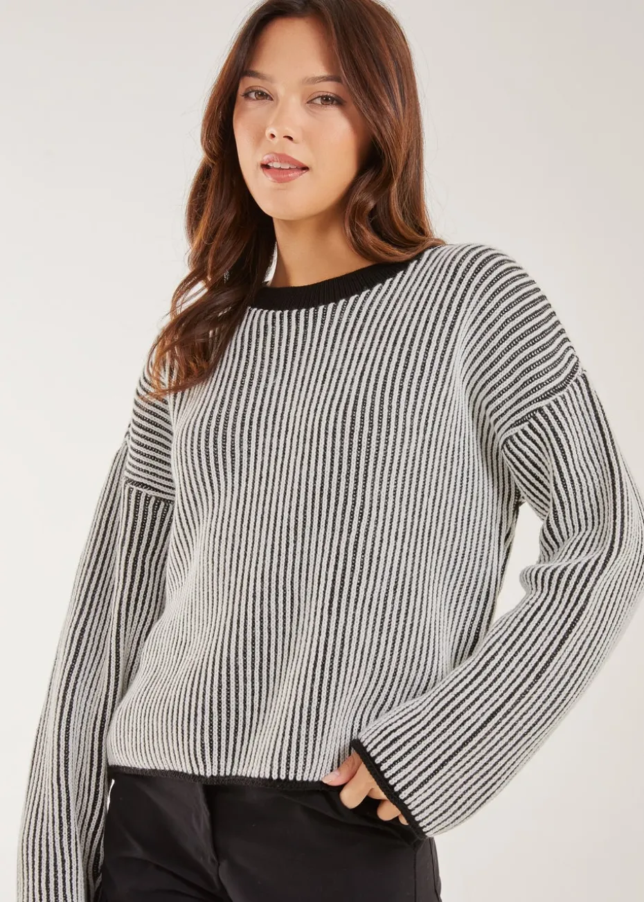 Pink Vanilla Black Striped Ribbed Long Sleeve Jumper
