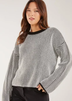 Pink Vanilla Black Striped Ribbed Long Sleeve Jumper