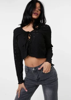 Pink Vanilla Black Tie Front Cutwork Cardigan