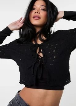 Pink Vanilla Black Tie Front Cutwork Cardigan