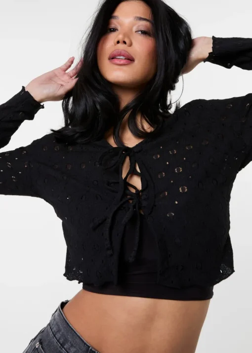Pink Vanilla Black Tie Front Cutwork Cardigan