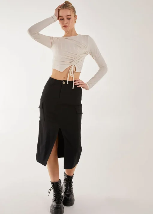 Pink Vanilla Black Utility Cargo Midi Slit Skirt