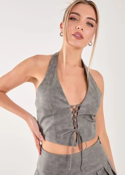 Pink Vanilla Black Washed PU Tie Detail Corset Top