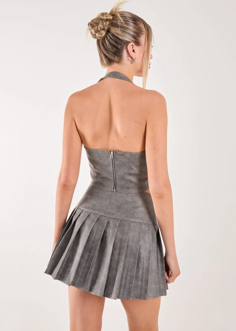 Pink Vanilla Black Washed PU Tie Detail Corset Top