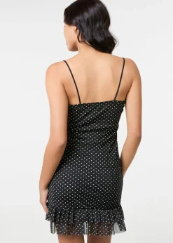Pink Vanilla Black/White Polka Dot Mesh Cap Sleeve Mini Dress