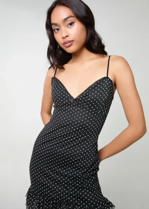 Pink Vanilla Black/White Polka Dot Mesh Cap Sleeve Mini Dress