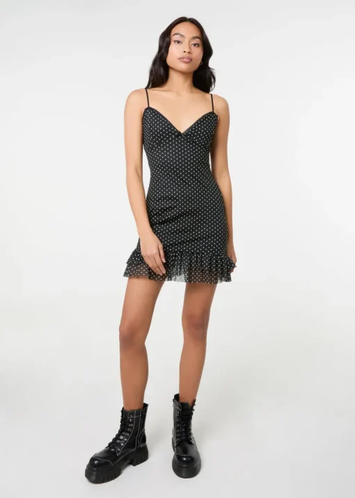 Pink Vanilla Black/White Polka Dot Mesh Cap Sleeve Mini Dress