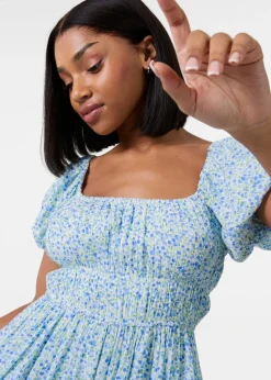 Pink Vanilla Blue Ditsy Puff Sleeve Mini Dress With Shorts