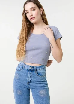 Pink Vanilla Blue Embellished Wash Rib Top