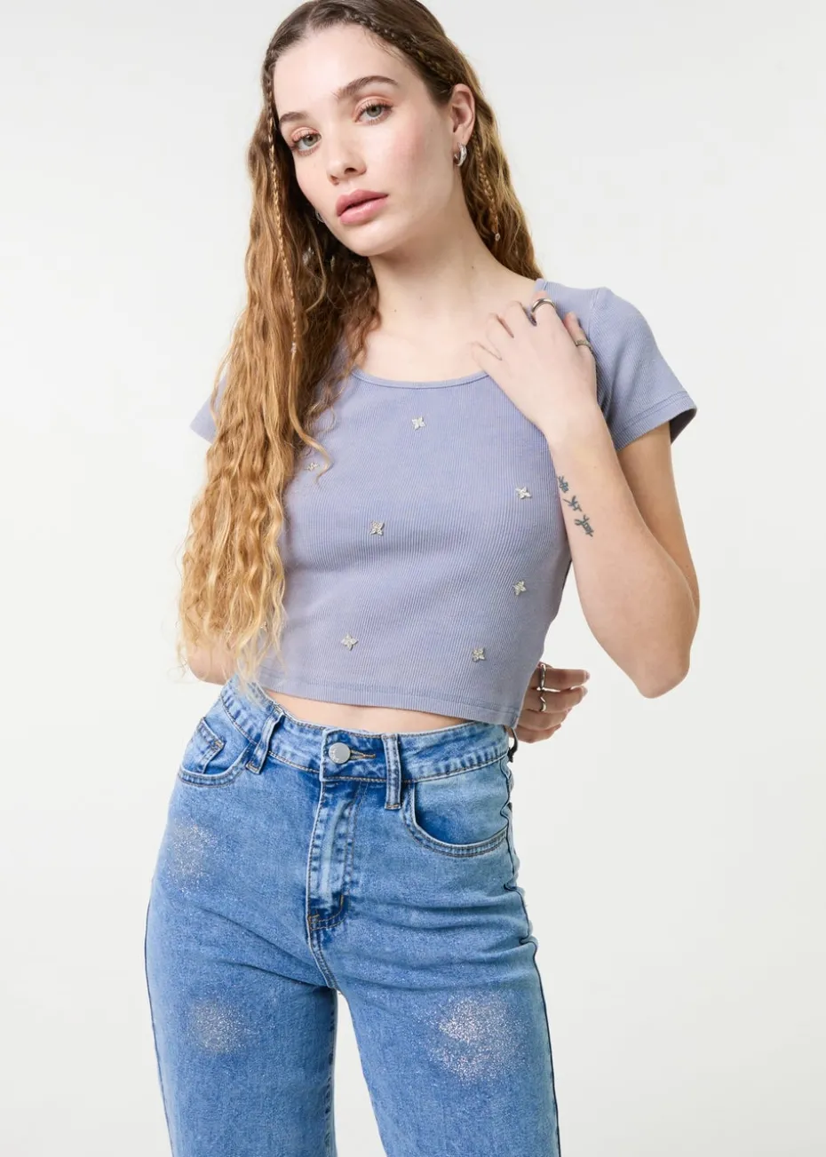 Pink Vanilla Blue Embellished Wash Rib Top