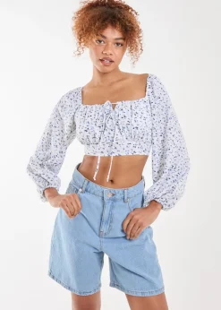 Pink Vanilla Blue Long Sleeve Cropped Milkmaid Top