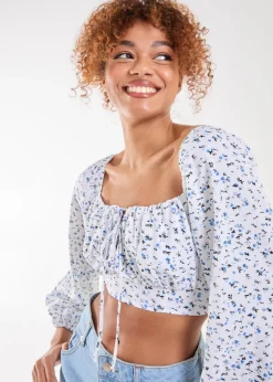 Pink Vanilla Blue Long Sleeve Cropped Milkmaid Top