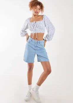 Pink Vanilla Blue Long Sleeve Cropped Milkmaid Top