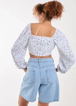 Pink Vanilla Blue Long Sleeve Cropped Milkmaid Top