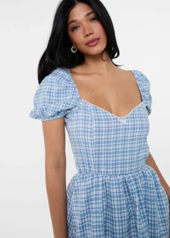 Pink Vanilla Blue Puff Sleeve Gingham Dress