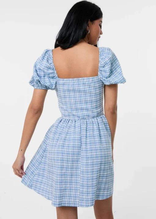 Pink Vanilla Blue Puff Sleeve Gingham Dress