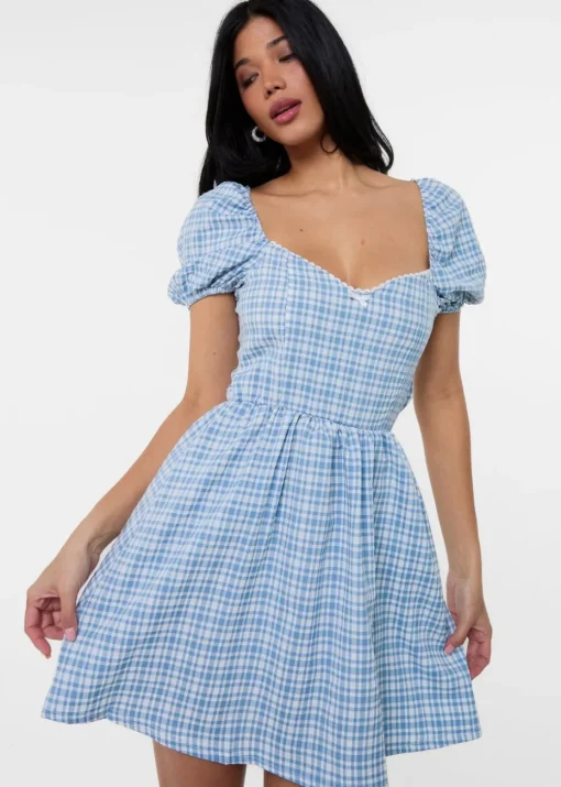 Pink Vanilla Blue Puff Sleeve Gingham Dress