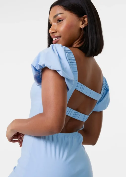 Pink Vanilla Blue Puff Sleeve Open-Back Mini Dress With Shorts