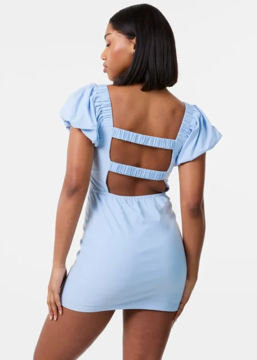 Pink Vanilla Blue Puff Sleeve Open-Back Mini Dress With Shorts