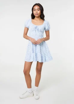 Pink Vanilla Blue Puff Sleeve Printed Mini Dress