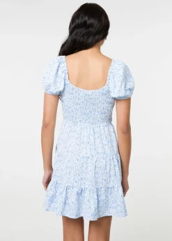 Pink Vanilla Blue Puff Sleeve Printed Mini Dress