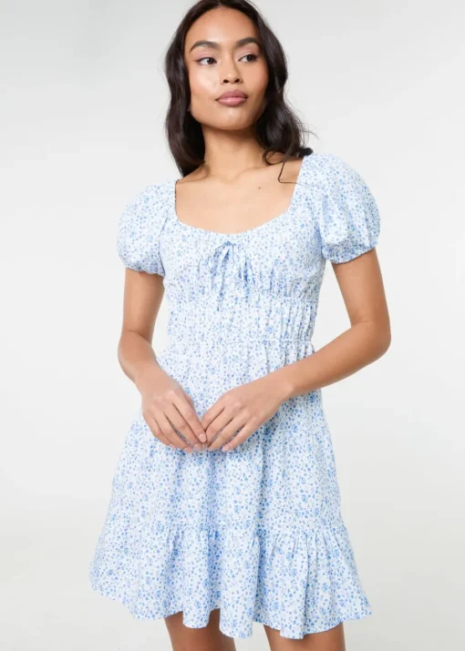 Pink Vanilla Blue Puff Sleeve Printed Mini Dress