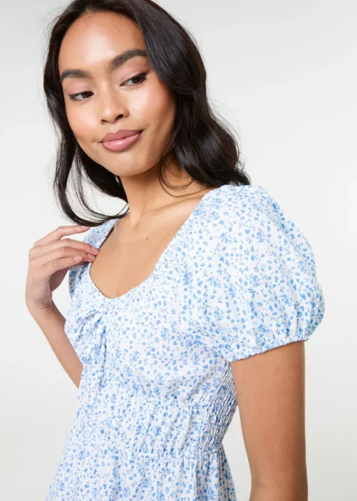 Pink Vanilla Blue Puff Sleeve Printed Mini Dress