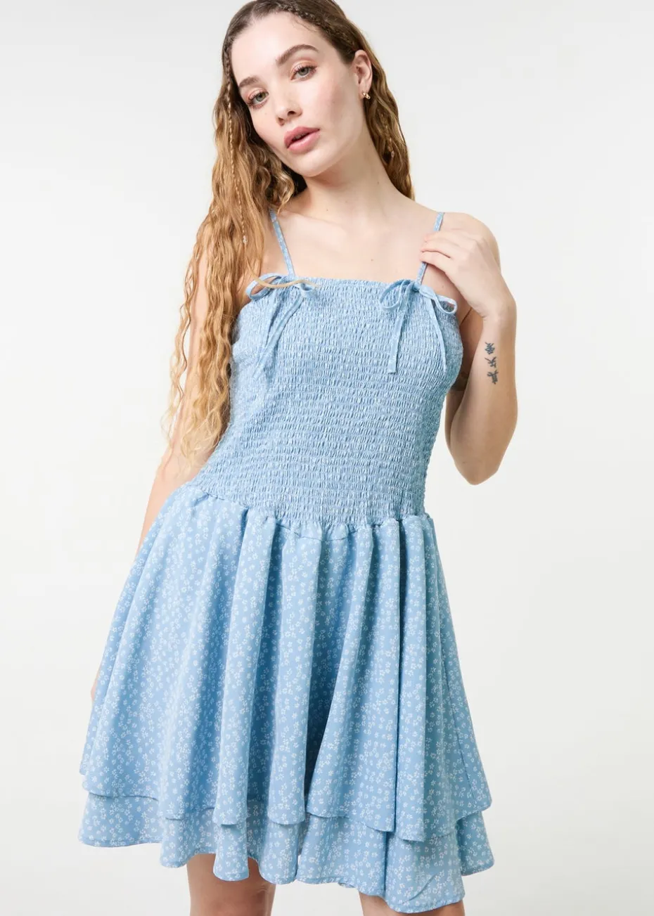 Pink Vanilla Blue Shirred Ruffle Mini Dress