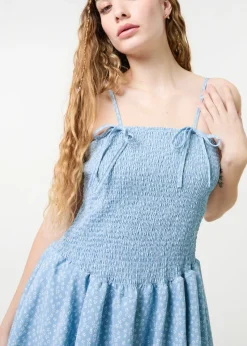 Pink Vanilla Blue Shirred Ruffle Mini Dress