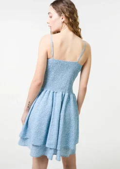 Pink Vanilla Blue Shirred Ruffle Mini Dress