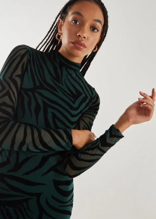Pink Vanilla Bottle Green Flocked Zebra Long Sleeve Mini Dress