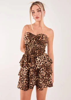 Pink Vanilla Brown Leopard Print Ruffle Bandeau Dress