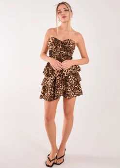 Pink Vanilla Brown Leopard Print Ruffle Bandeau Dress