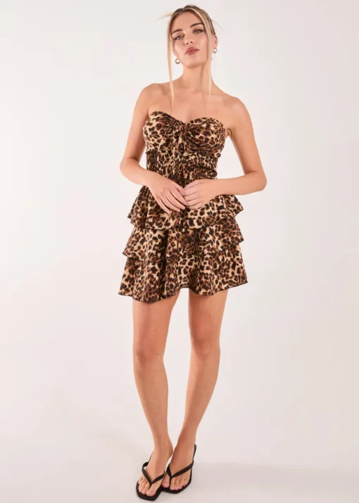 Pink Vanilla Brown Leopard Print Ruffle Bandeau Dress