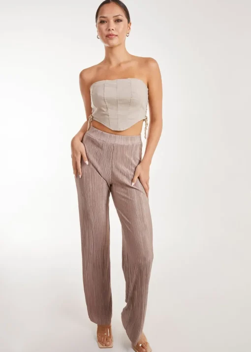 Pink Vanilla Brown Plisse Flared Trousers