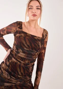 Pink Vanilla Brown Square Neck Animal Print Dress