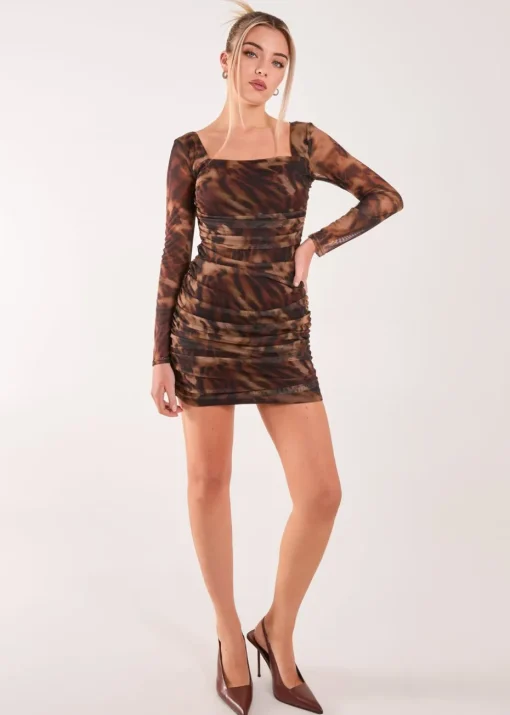 Pink Vanilla Brown Square Neck Animal Print Dress